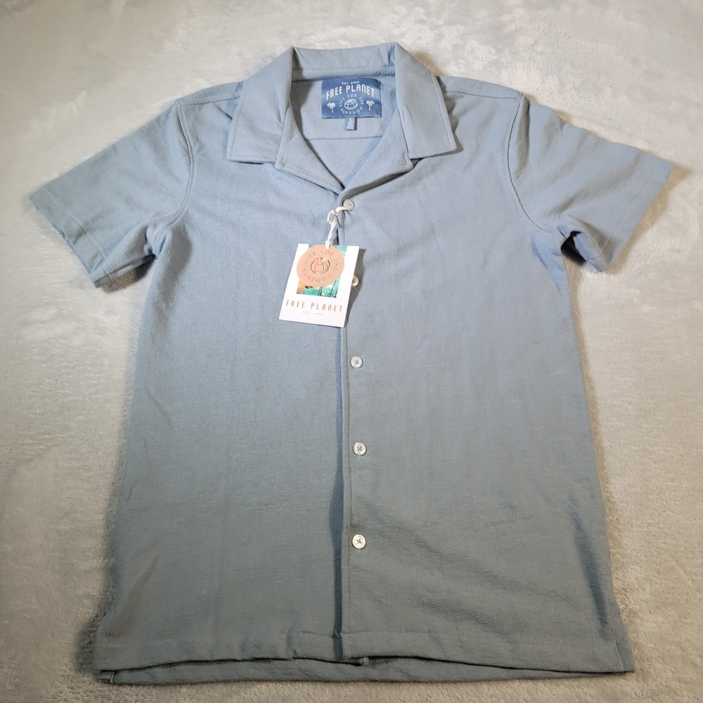 Free Planet Button Up Shirt Mens Small Blue Vapor Knit Short Sleeve FN9S85DVPC